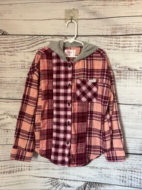 Girls Justice Pink and Burgundy Plaid Hooded Button-Up Shirt size 7/8
